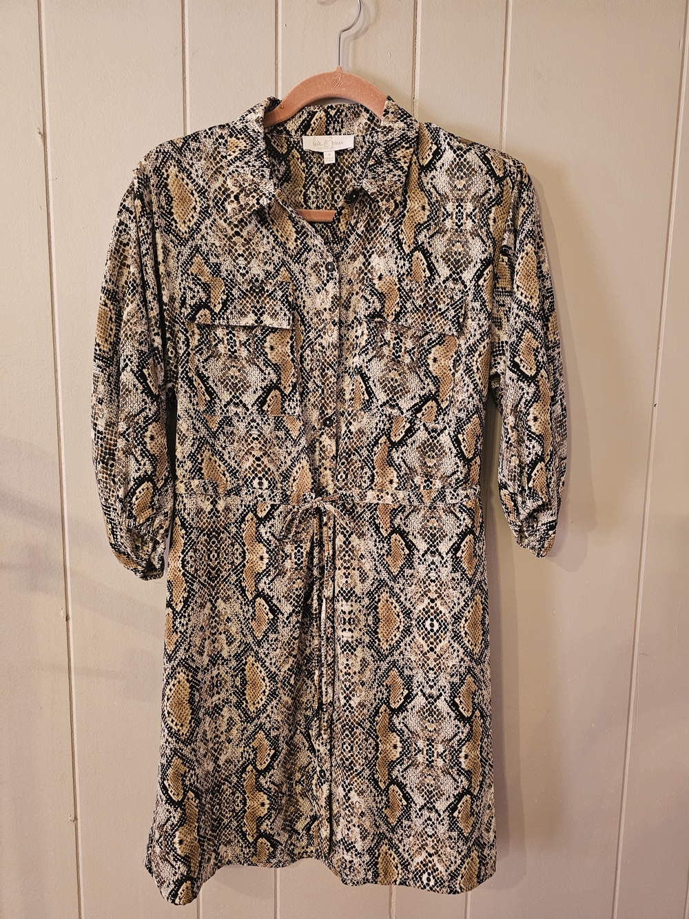 Snake-Print Long Sleeve Shirt Dress - Beige/Black